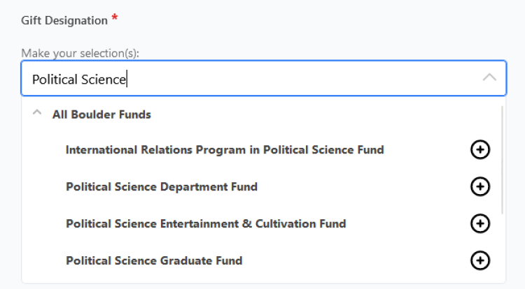 Drop down menu on Give Now website showing "Political Science" in the search bar below Gift Designation