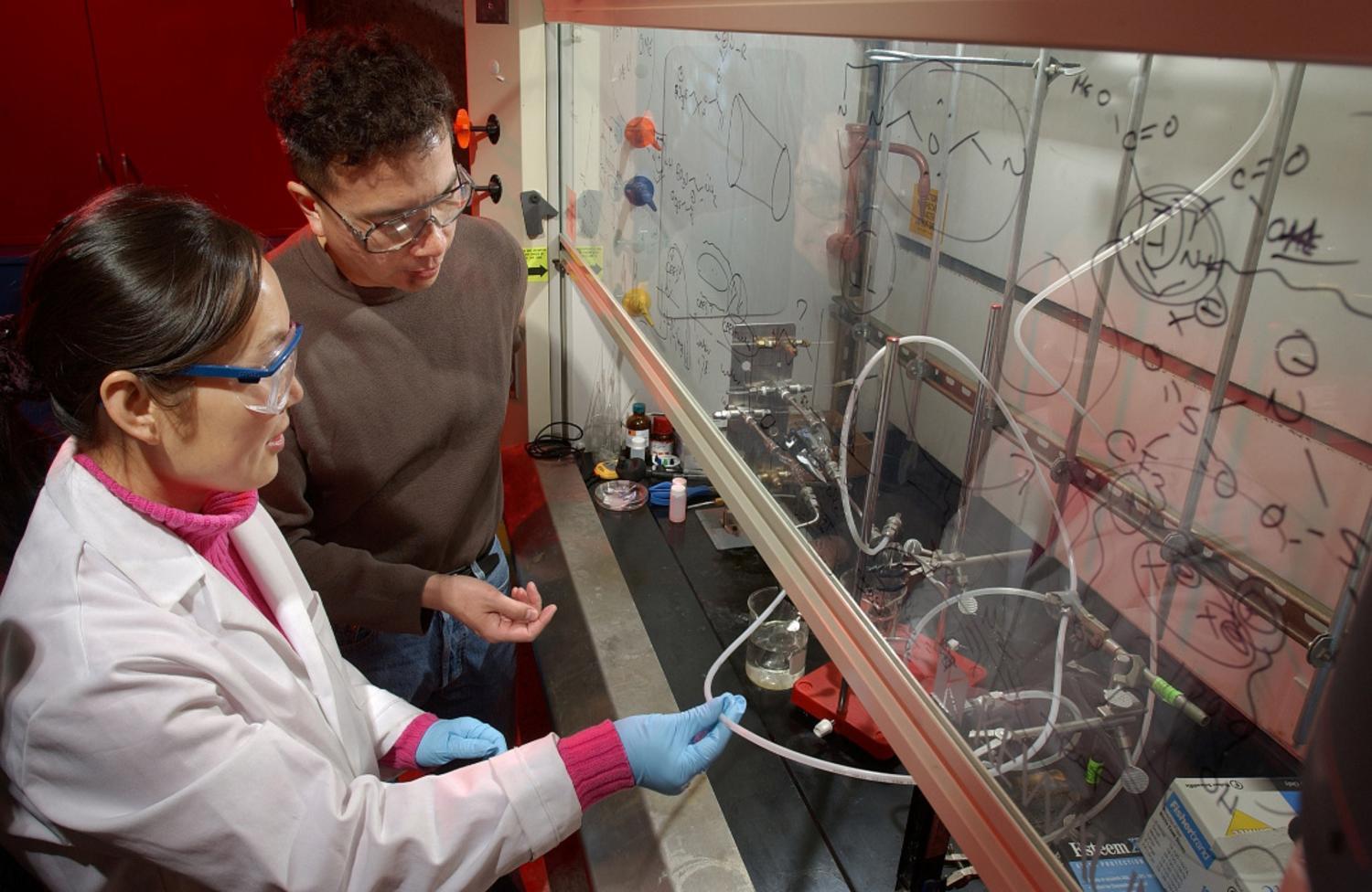 Chemists working in fume hood
