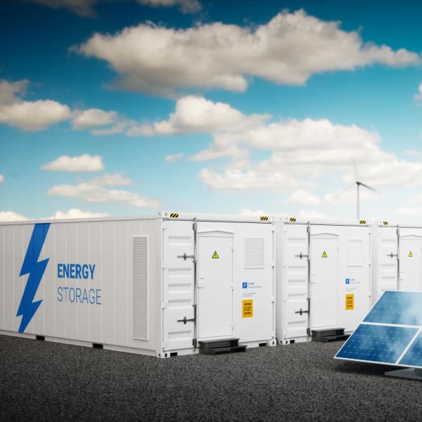 Wind turbines, solar panels and storage area for power