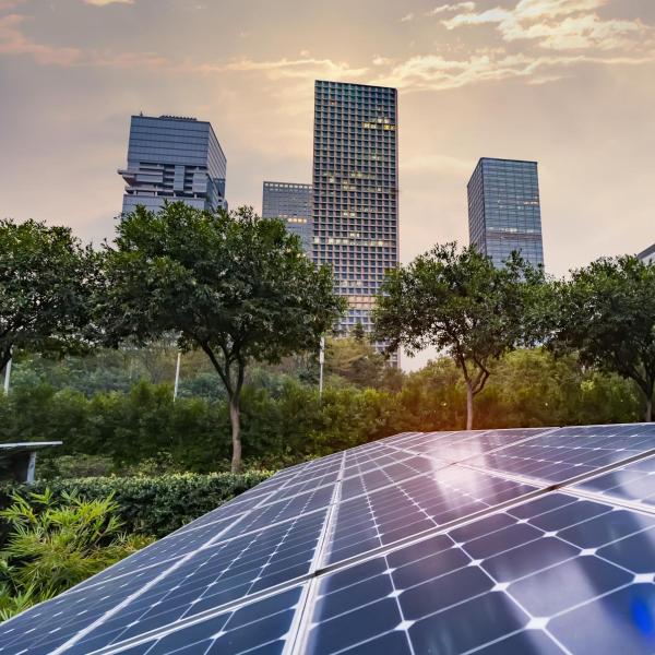 Solar panels in a city environment