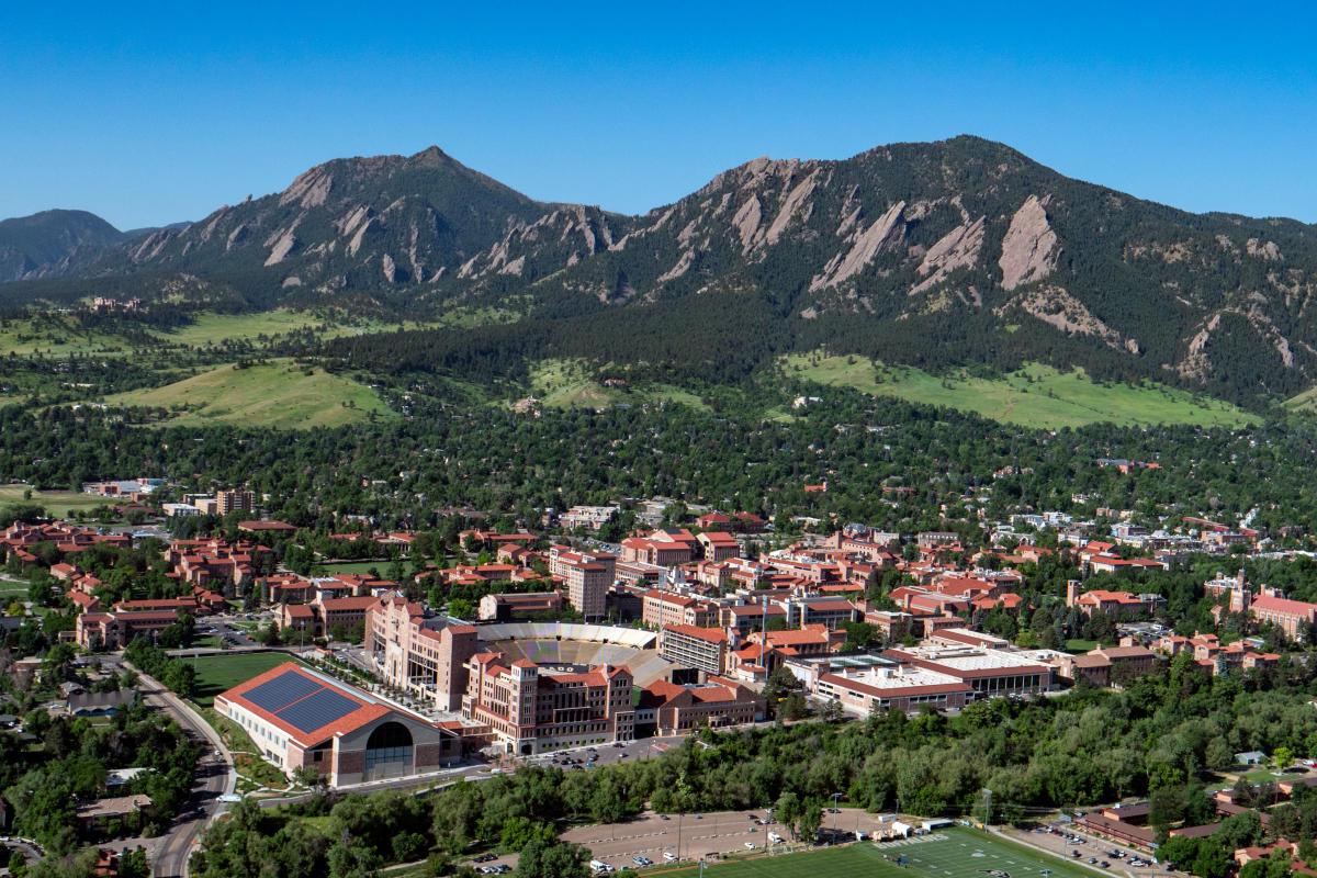 an aerial view of the CU Boulder campus and flatirons