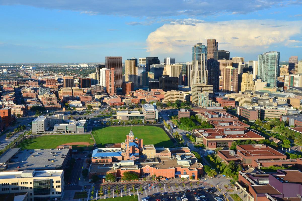 an aerial view of the CU Denver Auraria campus in downtown Denver
