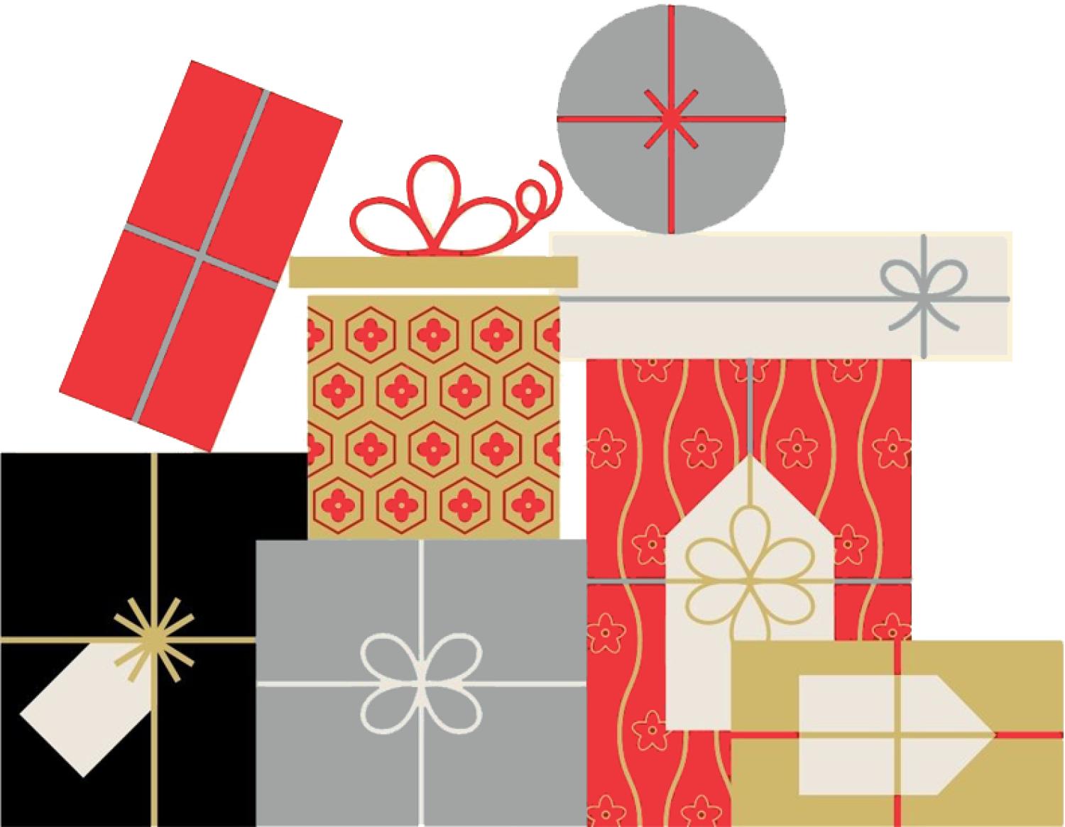 a stack of black, gold, grey and red gifts with bows