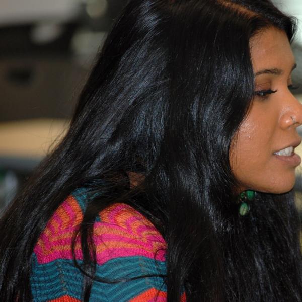 Haasini Ravishankar discusses her communications project. (Photo by Murray Meetze/University of Colorado)