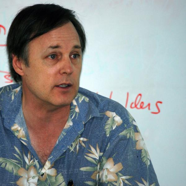 Paul Daugherty discusses script writing with students. (Photo by Murray Meetze/University of Colorado)