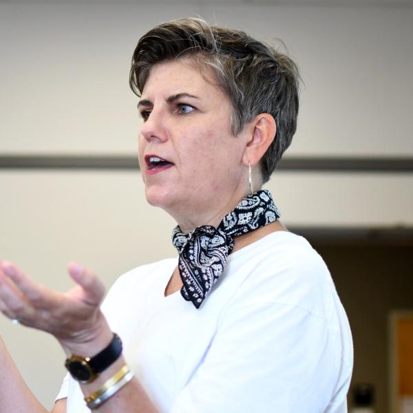 Department chair and communications professor Ruth Hickerson talks to the 2017 Pathways students during a communications session.