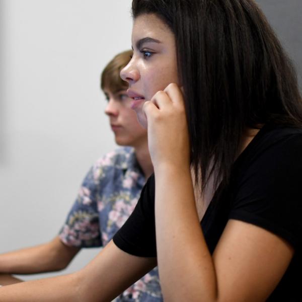 Lauren Smith works on an augmented reality project during a course for critical media practices.