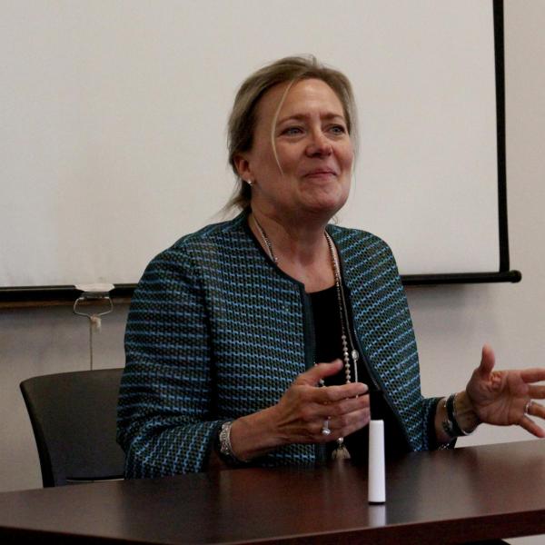 Lori Bergen, the founding dean of CMCI, talks to the incoming students.