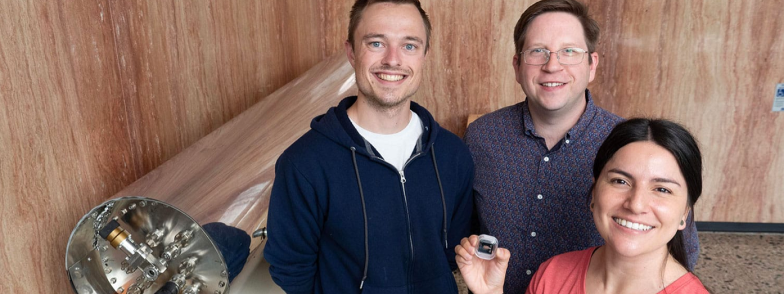 Alexander Staron, William McGehee and Gabriela Martinez with new chip-scale version of an atomic beam clock