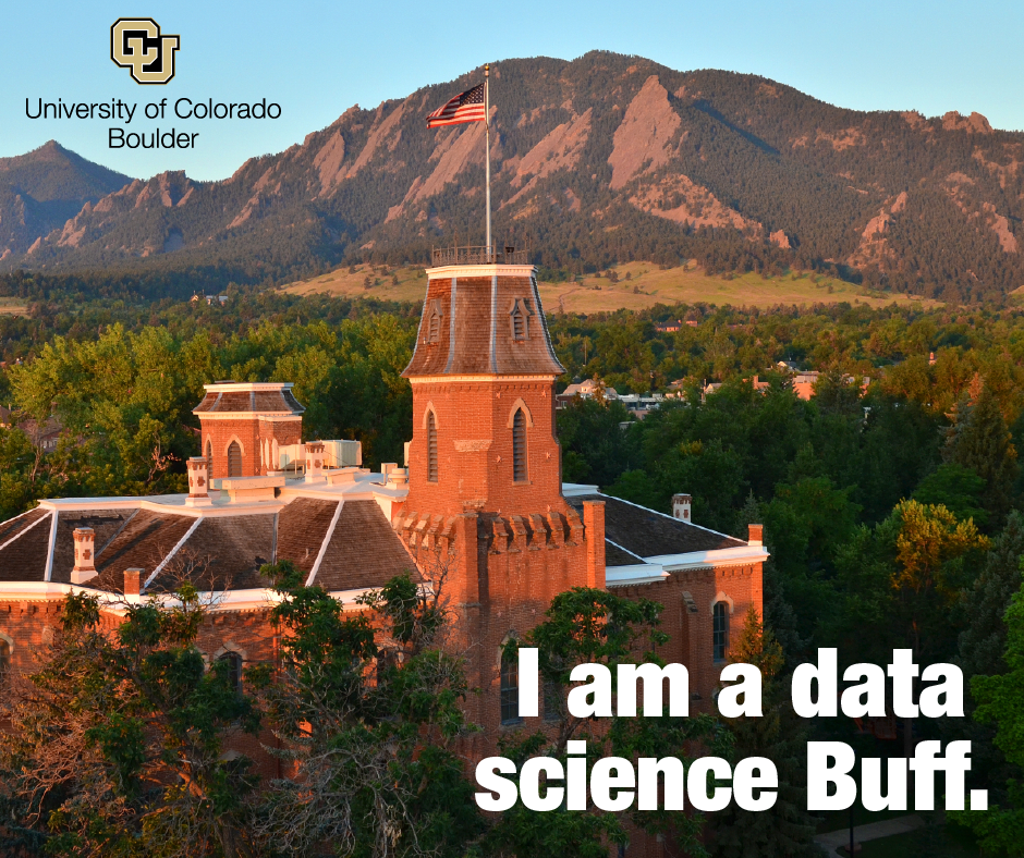 Campus with mountains and "I am a data science Buff."