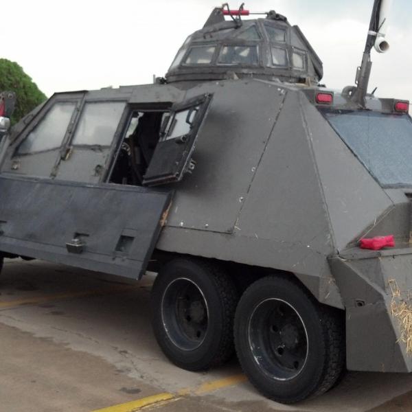 The Tornado Intercept Vehicle (TIV) on 29 May 2013 after intercepting a tornado in Kansas the prior day, which included a bail of hay impacting the back end of the vehicle. The TIV was used by Sean Casey to capture IMAX film of tornadoes, which was included in the Tornado Alley IMAX movie.