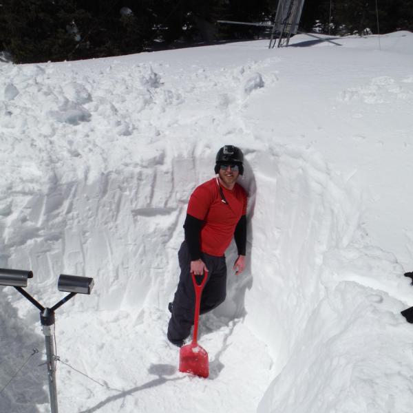 Digging out a PARSIVEL disdrometer at the Soddie research site (11,000 ft elevation) at Niwot Ridge, Colorado on 9 March 2014. The PARSIVEL disdrometer measures snow and rain particle sizes and fall velocities, and in the Spring it needs dug out of the deep snowpack in the Colorado Rockies alpine environment.