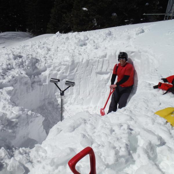 Digging out a PARSIVEL disdrometer at the Soddie research site (11,000 ft elevation) at Niwot Ridge, Colorado on 9 March 2014. The PARSIVEL disdrometer measures snow and rain particle sizes and fall velocities, and in the Spring it needs dug out of the deep snowpack in the Colorado Rockies alpine environment.