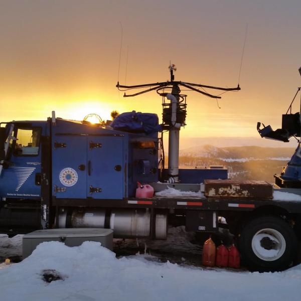 The Center for Severe Weather Research (CSWR) Doppler On Wheels (DOW) mobile radar positioned on the top of Packer John Mountain (7,000 ft elevation) in central Idaho on 30 January 2017 for the SNOWIE field project aimed at observing seeded and natural snowfall within the Payette River Basin.