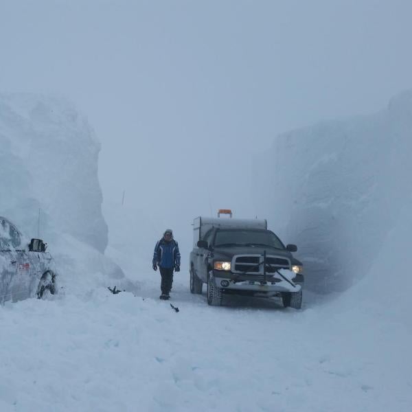 Digging out a buried truck from the Snowbank site (8,000 ft elevation) during the SNOWIE field project in central Idaho on 1 March 2017. This location also had 10-20 foot drifts that had to be carved away by a commercial snowblower throughout the SNOWIE project (January - March 2017).