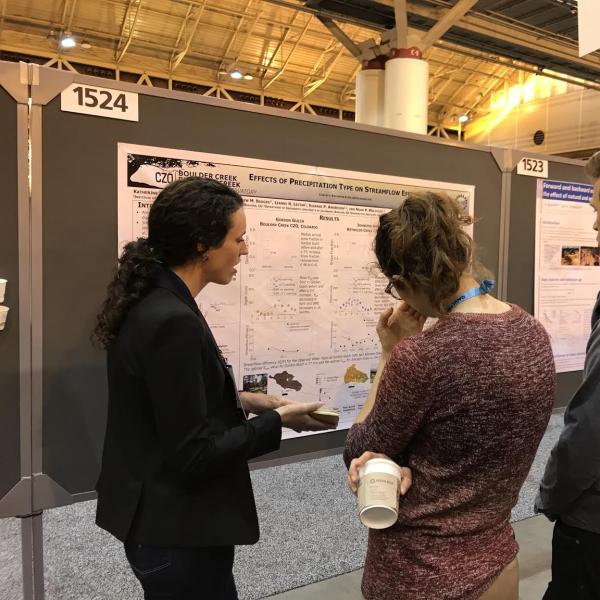 Graduate student Katherine Hale presenting work in poster form during the 2017 AGU conference in New Orleans.