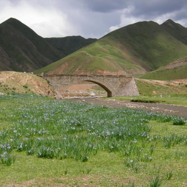 Stone arch bridge across the Daxia River, northeast margin of the Tibetan Plateau, Gansu Province, China. June 2010