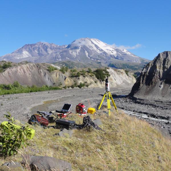 View of Mount St. Helens, WA, and equipment used to scan the topography of the North Fork Toutle River. Aug. 2010
