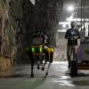 Students observing two robots underground.