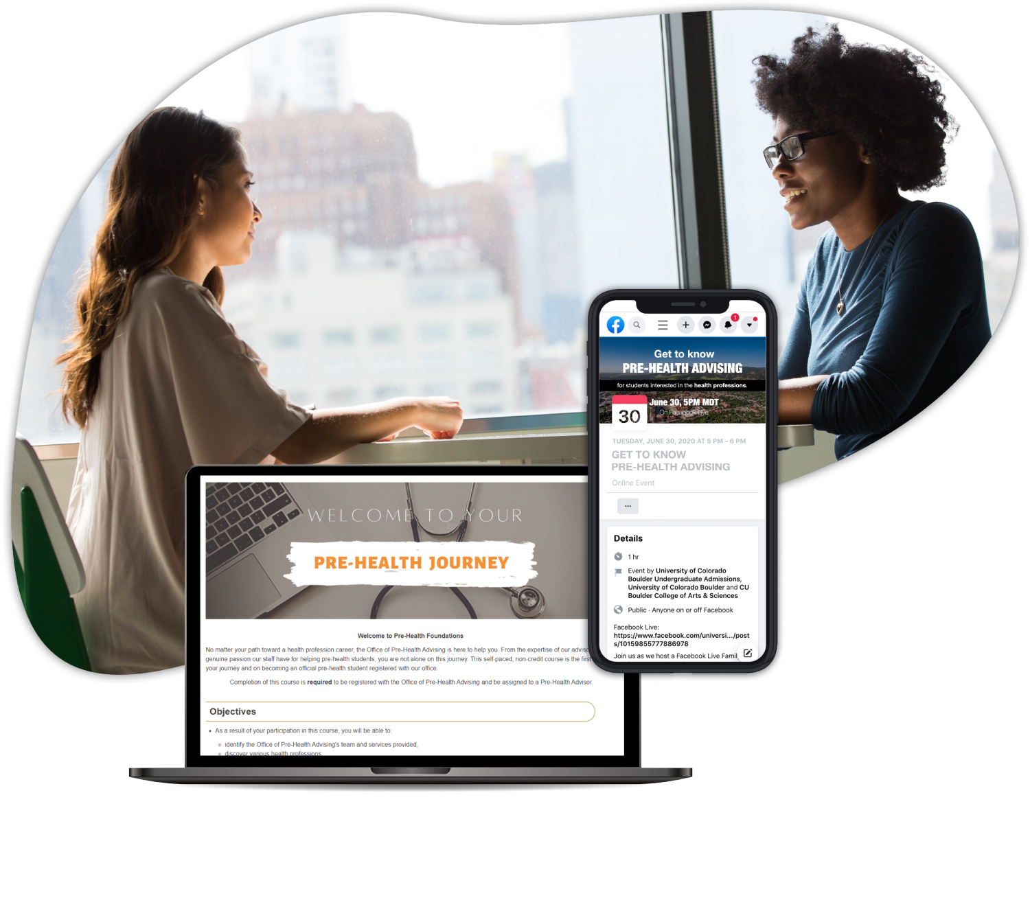 A collage of two people in a meeting, a screenshot of the Canvas course and a screenshot of an event broadcast on Facebook Live. Meant to show the types of benefits of the prehealth program.