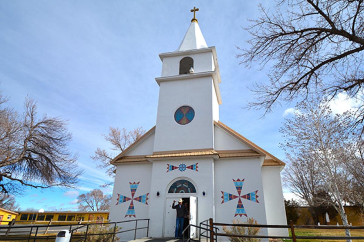 St Stephens mission church features beautiful Native American art and stain glass windows.