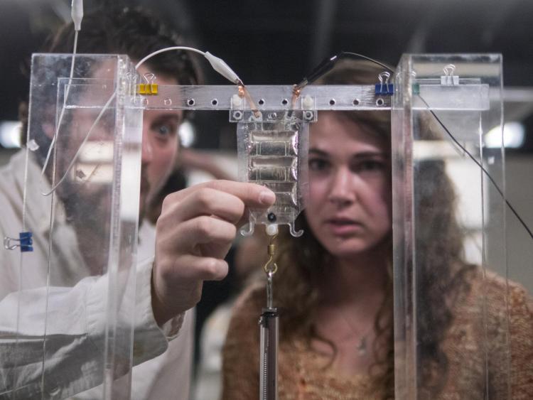 A student looking at soft robotic material