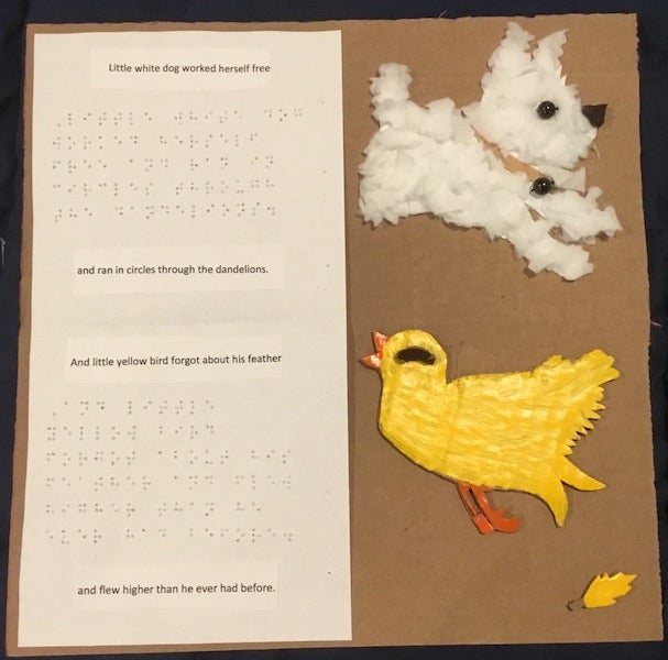 tactile scene of a dog and a bird with braille text