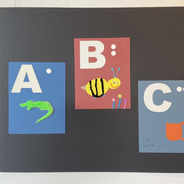 Alphabet panels for letters A,B,C showing alligator, bee, and cup