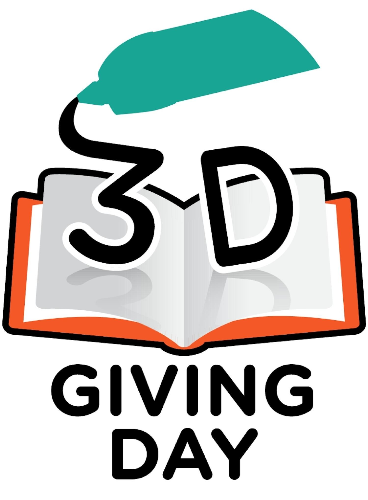 Logo for 3D Giving Day showing 3D printing pen and a book