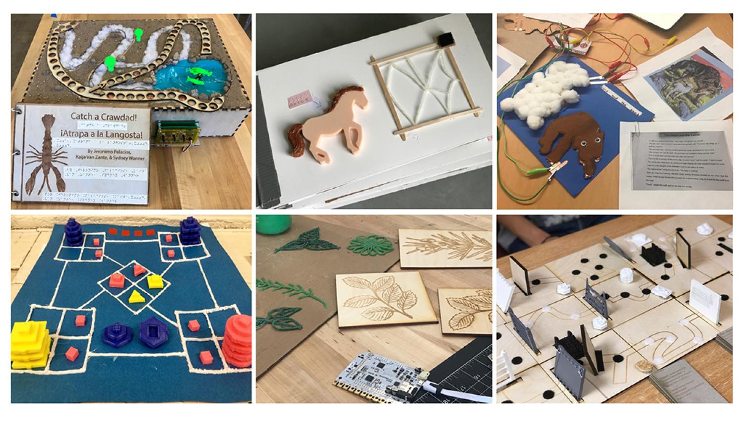 Six photographs showing different types of tactile projects.