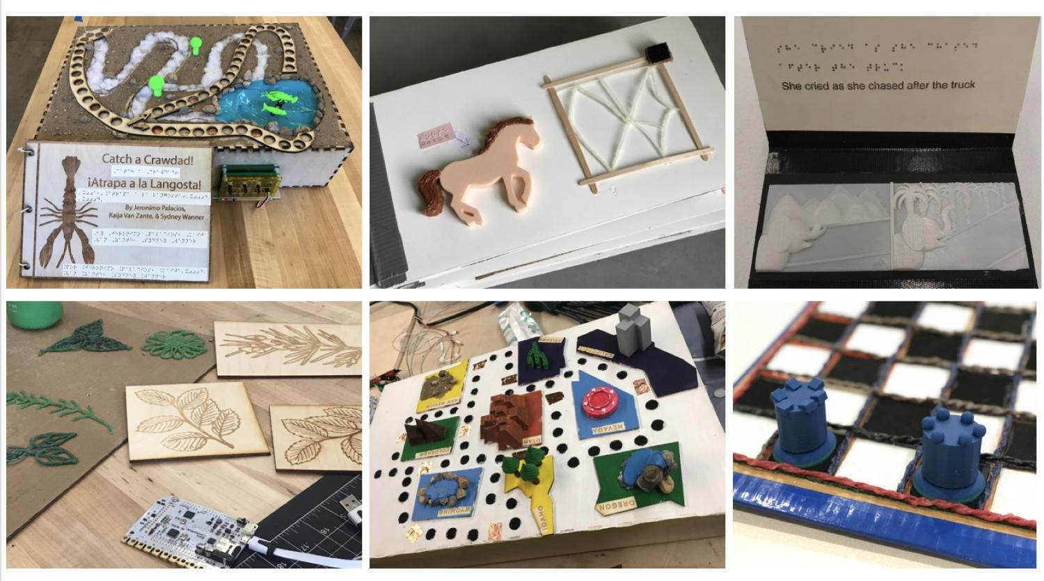 Collage of different BBB student tactile projects and books