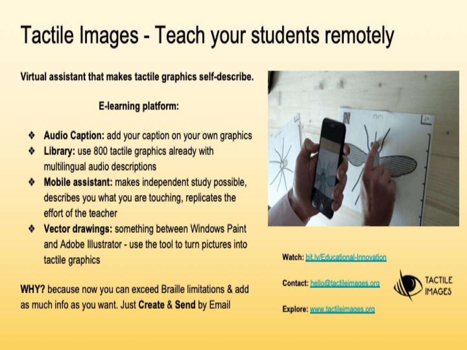 Informational slide with information about Tactile Images app