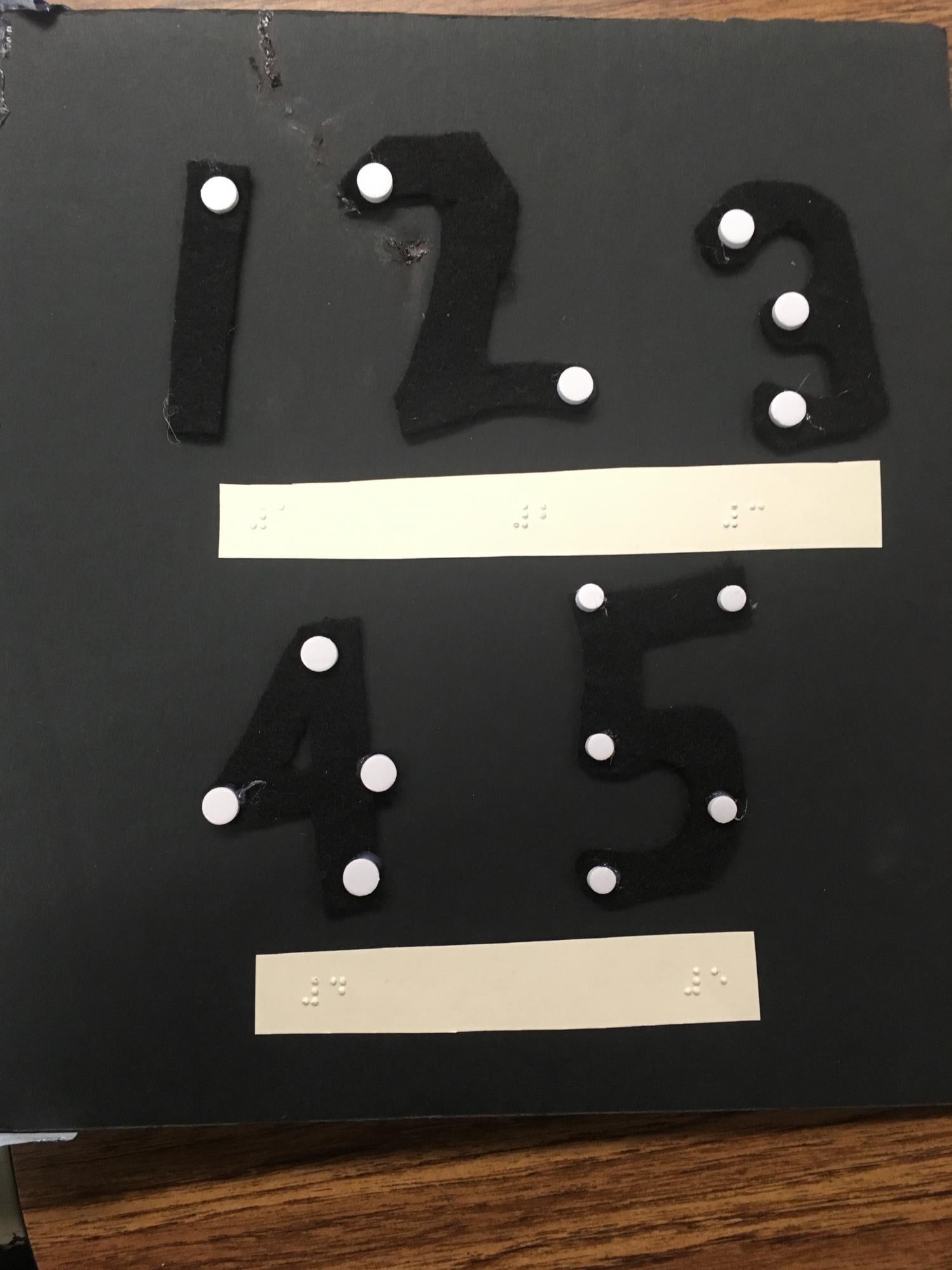 Page showing numbers 1 through 5 with tactile dots and braille.