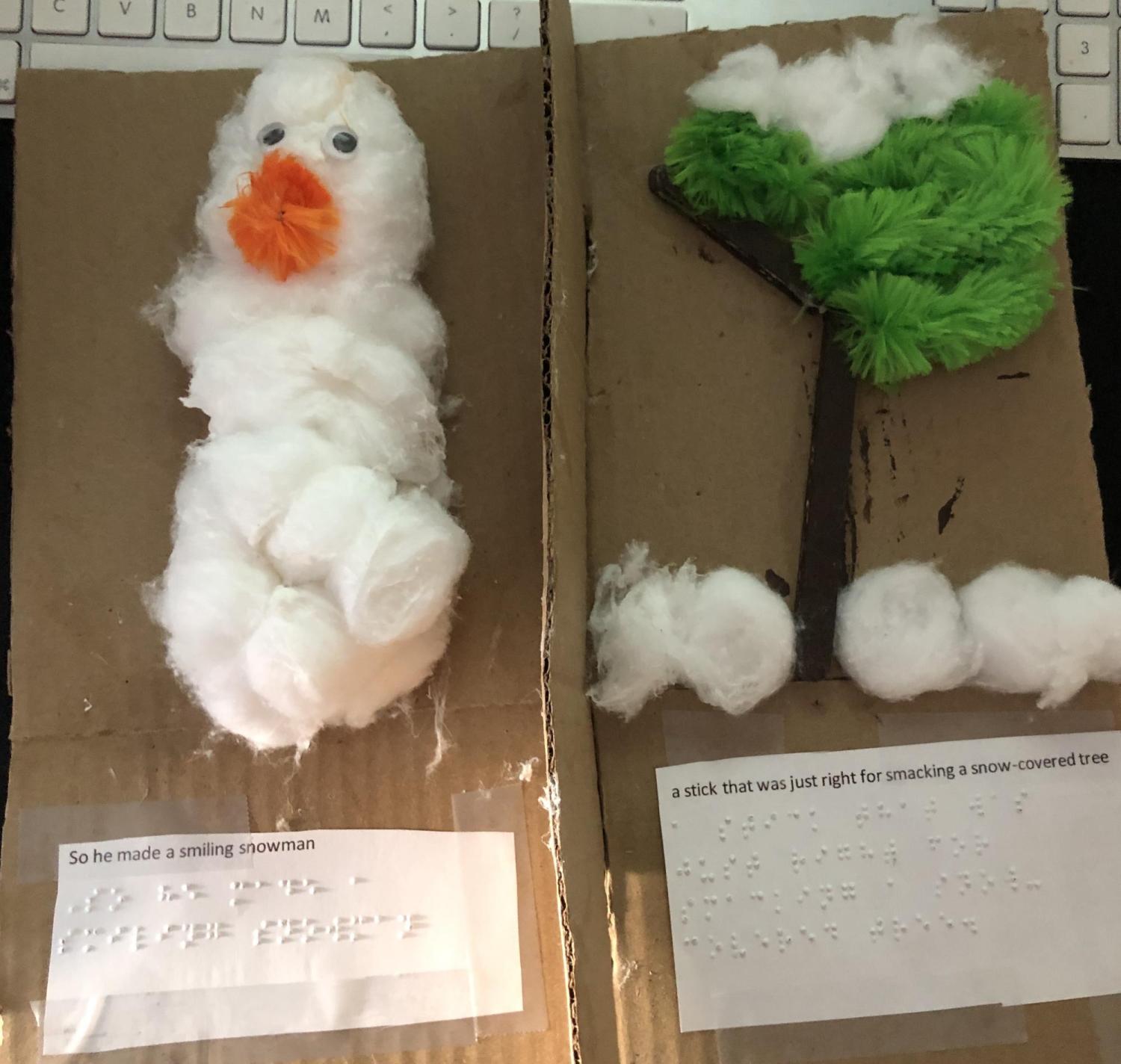 snowman and tree with snow made from cottonballs and sticks