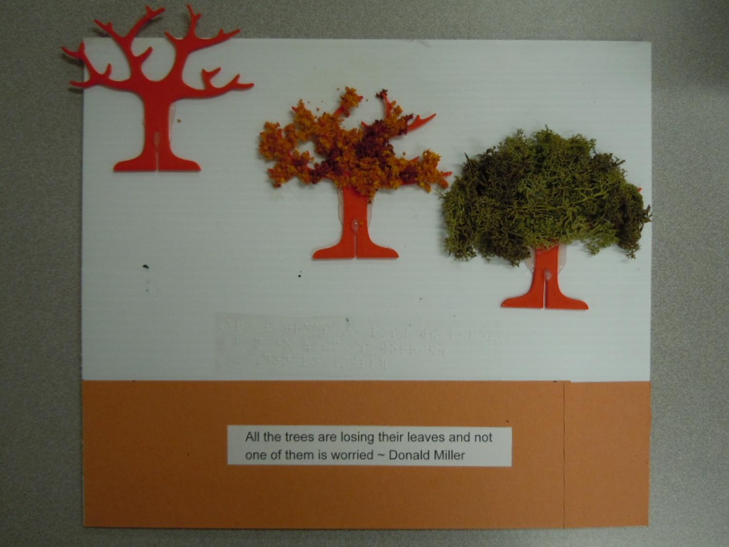 Image of three trees, one bare, one with few leaves and one full of leaves