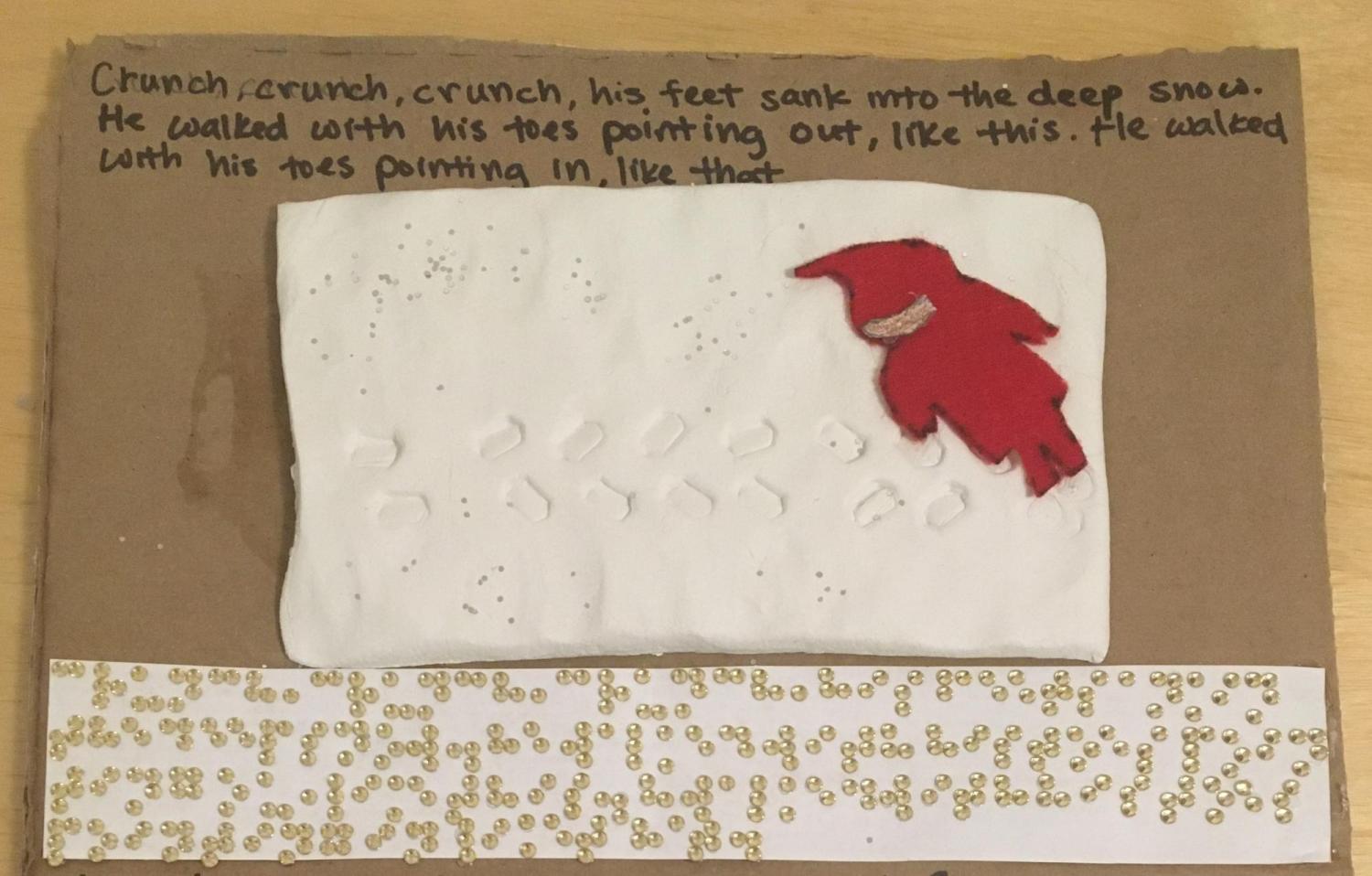 tactile scene of boy in snowsuit with snowy footprints
