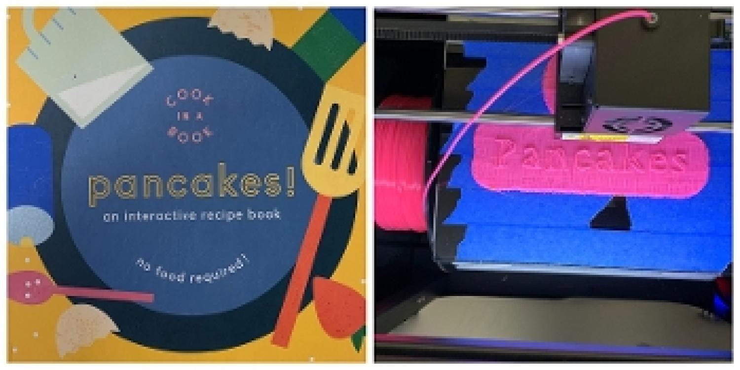 Book about pancakes and 3D printer printing the word "pancake".