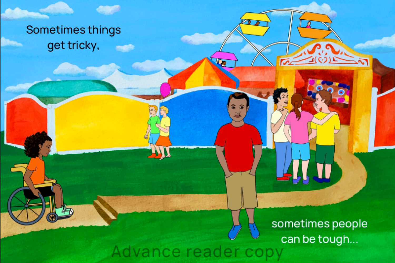 Girl in wheelchair faced with steps with a carnival in the background