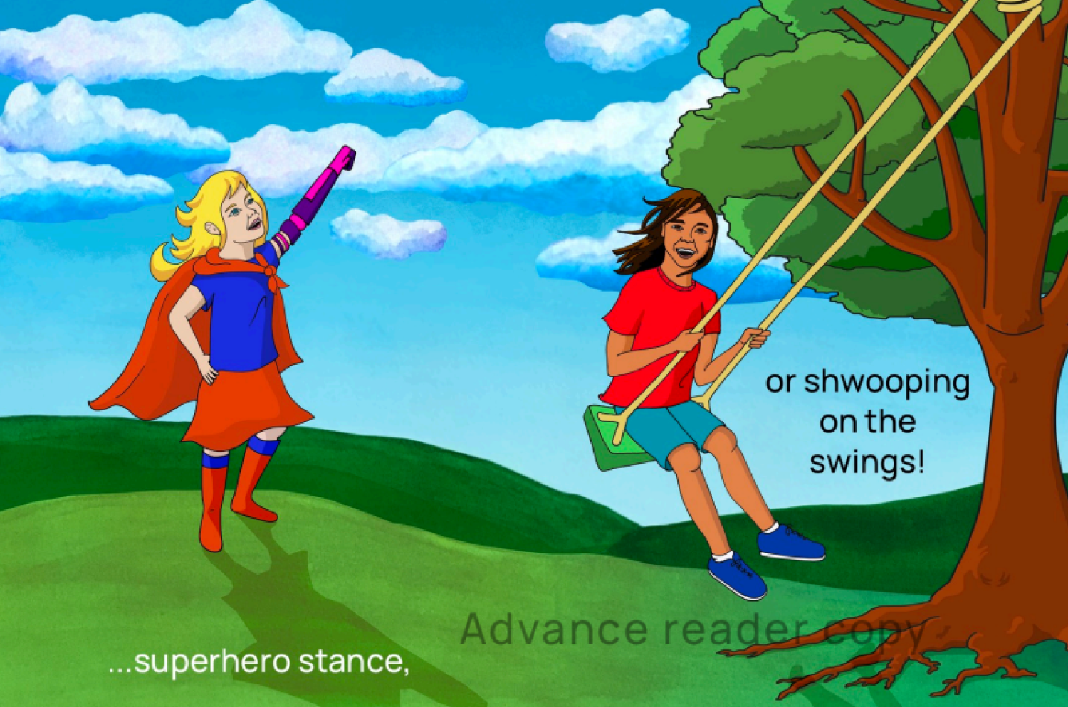 Girl in a superhero outfit with artificial arm and a boy on a swing