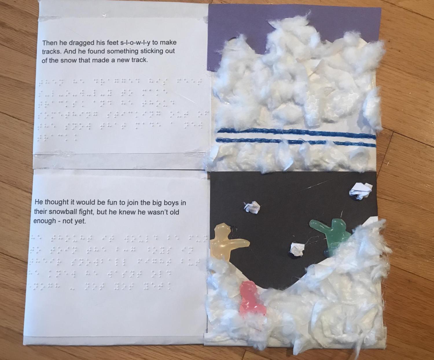 tactile scenes of fluffy snow and a snowball fight, and straight tracks through snow