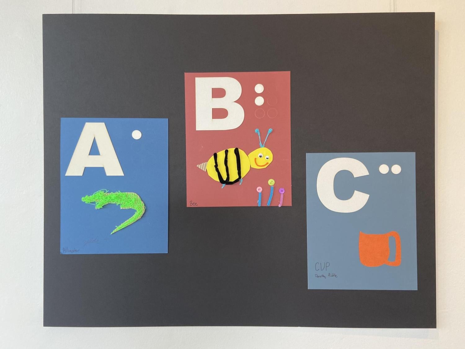 Alphabet panels for letters A,B,C showing alligator, bee, and cup