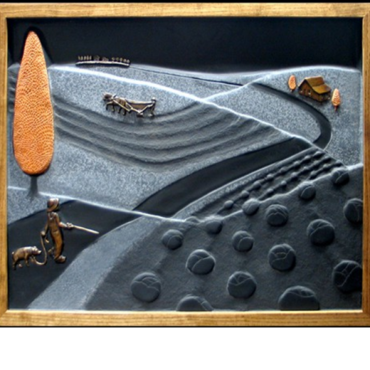 Tactile art showing layers of depth with hills and trees.