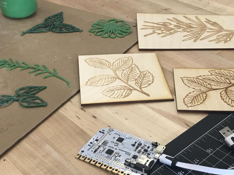 Laser cut prototypes of plant diagrams.