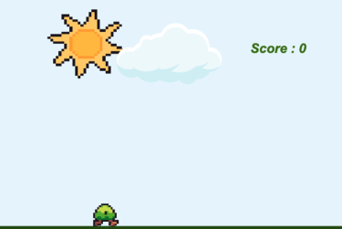 Video game of a small green pea with legs jumping over rocks.