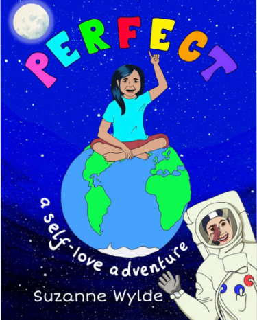 Girl sitting crosslegged on top of the earth with word Perfect above her head