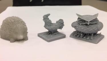3D models of a hedgehog, rooster, and owl