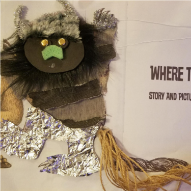 Monster illustration with fur, sponge, foil and raffia textures