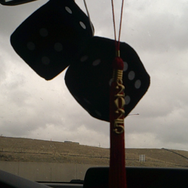 Graduation cap tassel hanging from car mirror