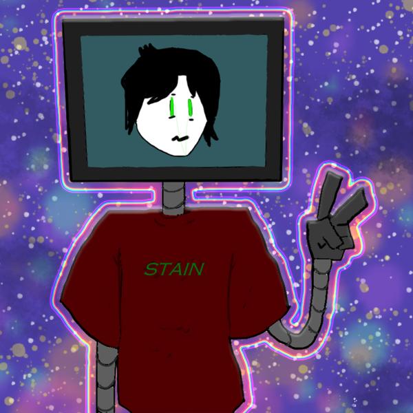 Robot with TV head in front of a galaxy showing peace sign