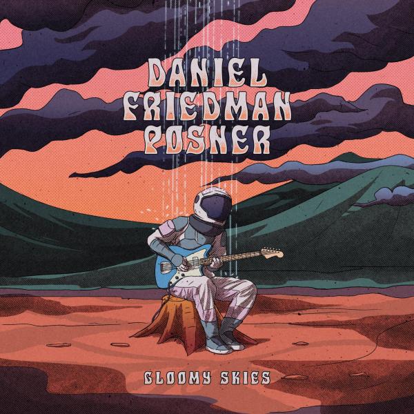 Animation of person laying a guitar in front of a surreal landscape